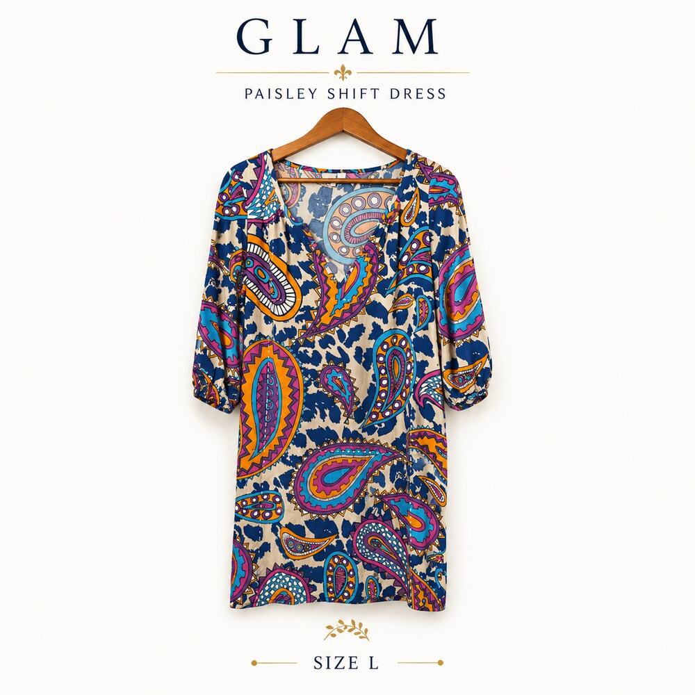 GLAM Dress Womens Large Shift Paisley Print 3/4 Sleeve V-Neck Colorful Pullover